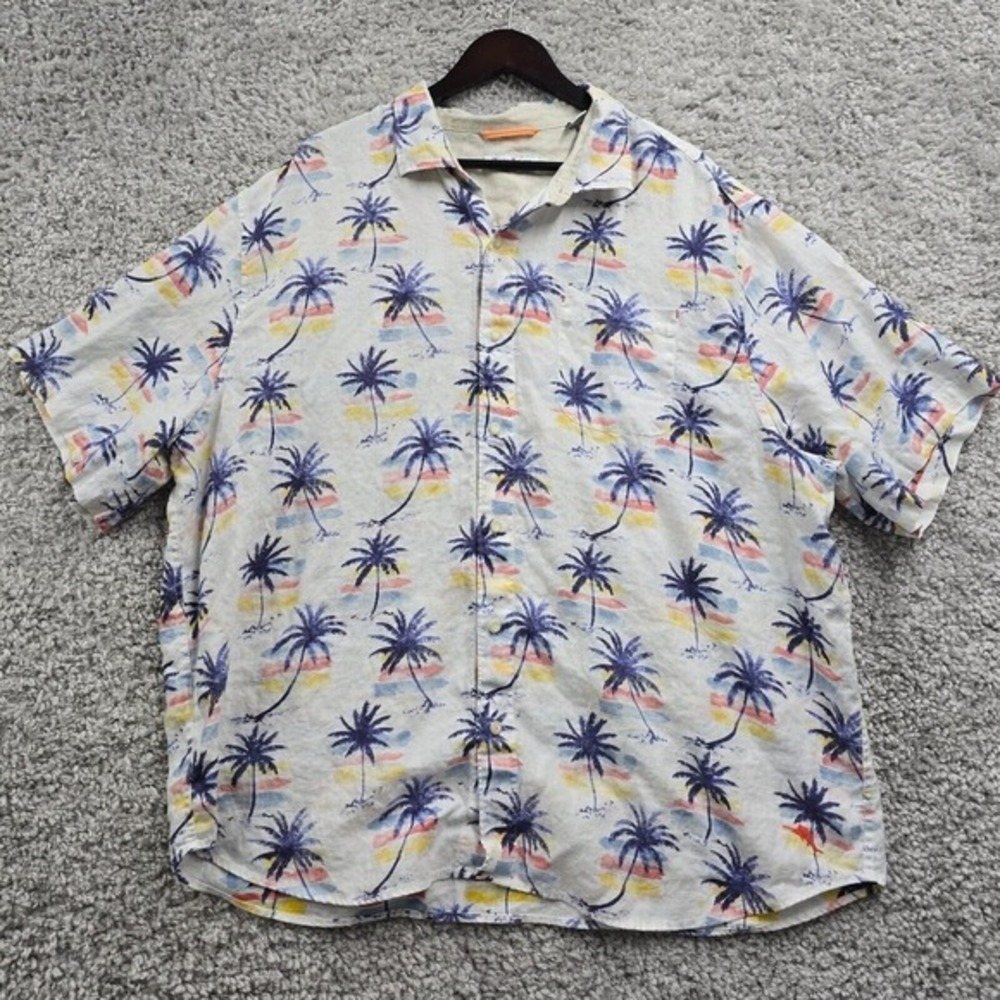 Tommy Bahama Shirt Men 2XLB White Palm Tree Sunset 100% Linen Button Up Tropical